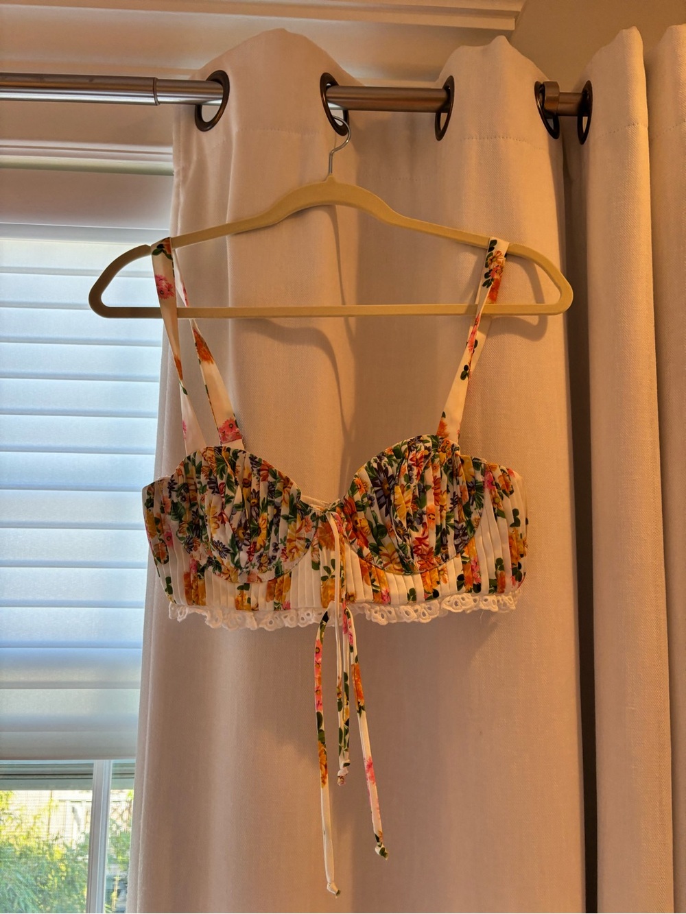 For Love & Lemons Cream Bustier Crop Top with Pink Orange Yellow Floral